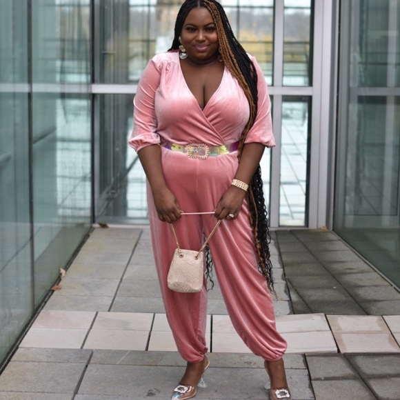 ELOQUII Like Pink Velvet Balloon Sleeves V-Neck Tie Waist Jumpsuit NWT 22-24 - Picture 4 of 16